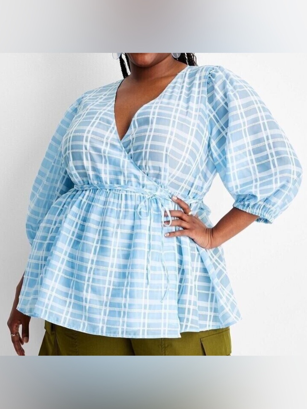 Light Blue Plaid Wrap Blouse - Fit & Flare